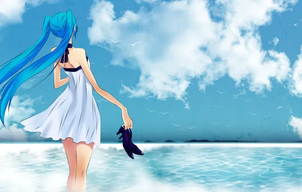 Sea, Anime, Seagulls, Hatsune Miku, Hatsune Miku
