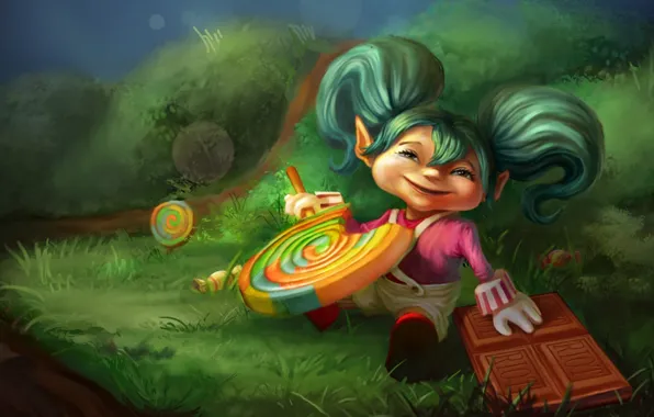 Picture glade, chocolate, art, girl, lollipops, sweet tooth, caramel