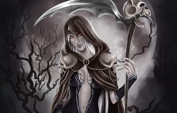 Picture girl, skull, art, braid, cloak, red eyes