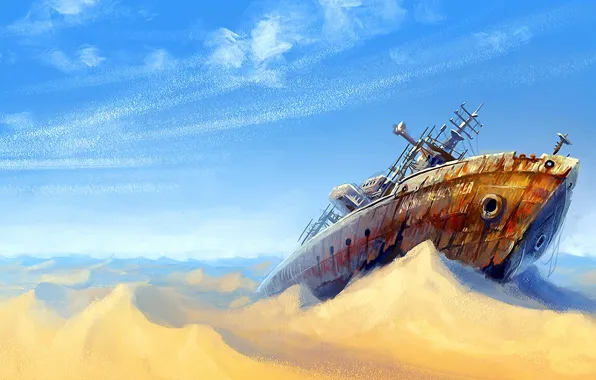 Sand, clouds, desert, ship, art
