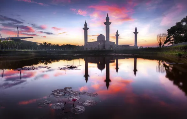 Picture landscape, lake, dawn, the building, architecture, Kuala Lumpur, Masjid Tengku Ampuan Jemaah