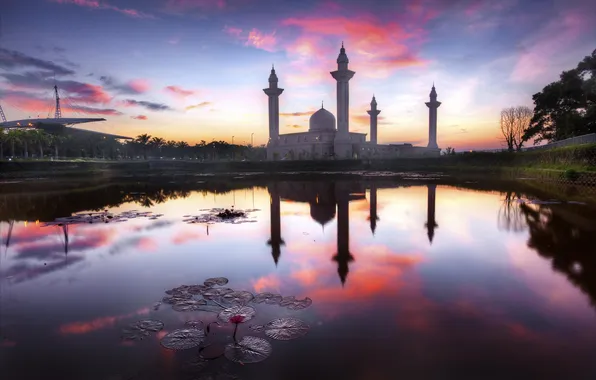 Landscape, lake, dawn, building, architecture, Kuala Lumpur, Masjid Tengku Ampuan Jemaah