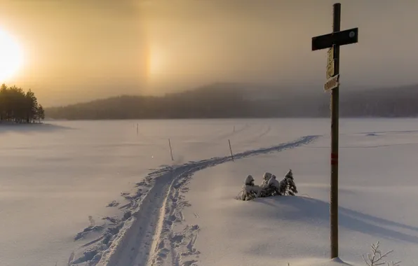 Winter, snow, sunset, fog, cross