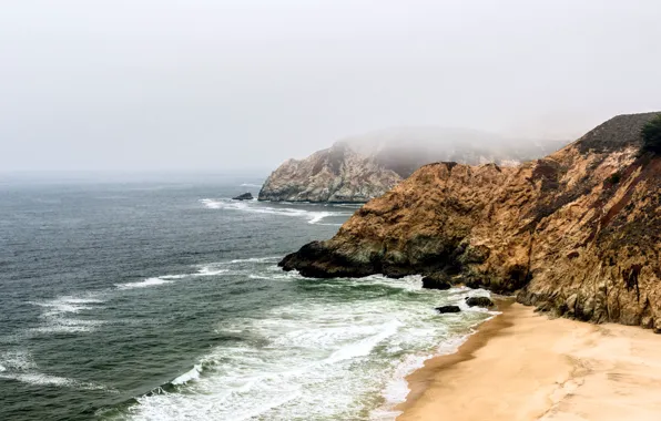 Sand, beach, water, fog, the ocean, coast, mountain, CA