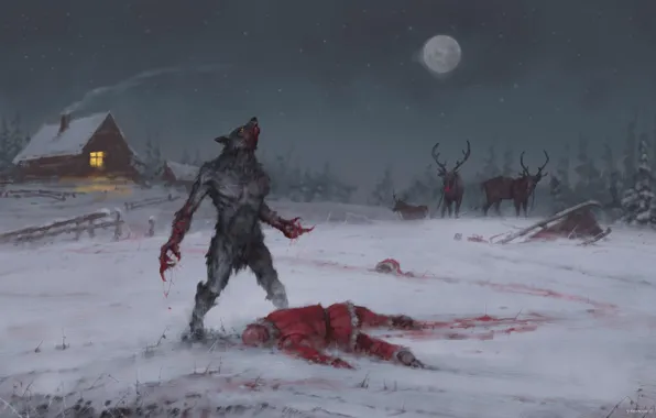 Picture Night, Snow, Monster, House, Blood, New year, Beast, Werewolf