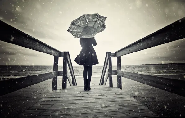 Picture girl, snow, the wind, umbrella