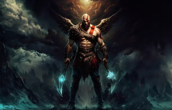 Axe, light, god of war, weapon, kratos, sony, wings, snow