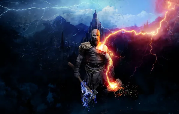 Wallpaper fire, game, Kratos, lightning, fight, Thor, spartan, Santa Monica  for mobile and desktop, section игры, resolution 2048x1135 - download