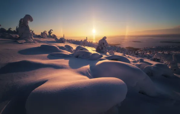 Sunset, Winter, Mountains, Barkhan, Snow, Frost, Shadows, Slope