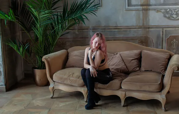 Girl, pink hair, model, brunette, blonde, plants, sitting, couch