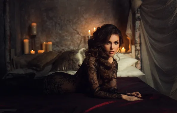 Room, candles, lying, girl posing, cute brunette