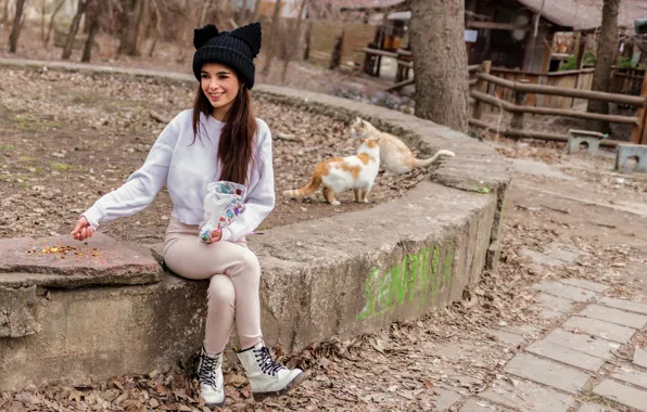 Long hair, nature, model, brunette, cats, sexy woman, countryside, photoshoot