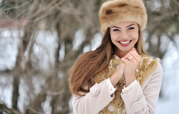 Picture winter, look, girl, snow, face, smile, mood, hat