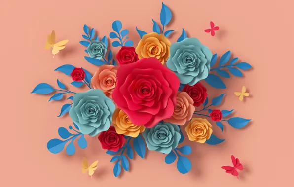 Picture flowers, style, paper, background, butterfly, pink
