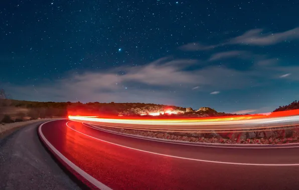 Road, night, lights, strip, movement, turn, highway