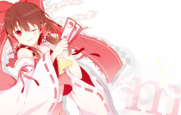 Bow, touhou, wink, Ying-Yang, card, hakurei reimu