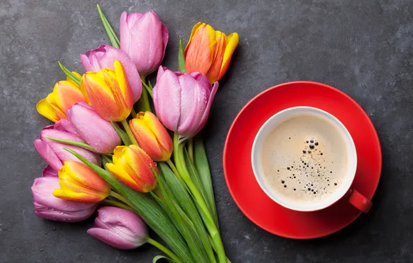 Flowers, bouquet, colorful, tulips, pink, flowers, tulips, coffee cup