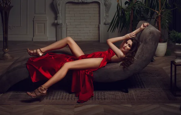 Girl, pose, chair, the cut, legs, red dress, Anton Demin