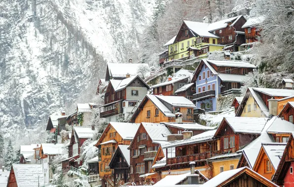 Winter, snow, trees, rocks, home, Austria, Hallstatt
