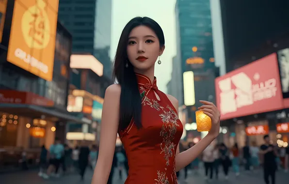 Girl, the city, earrings, Chinese, Asian, red dress, long hair