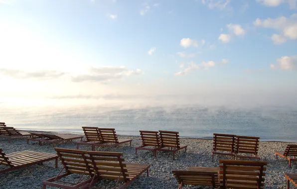 Water, fog, lake, stones, shore, cool, sunbeds