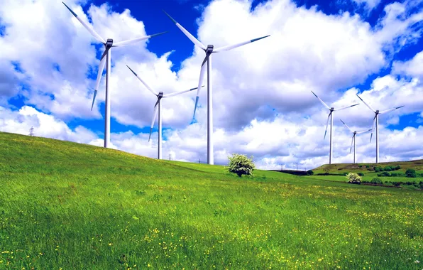 The sky, grass, clouds, landscape, blue, glade, green, wind turbines