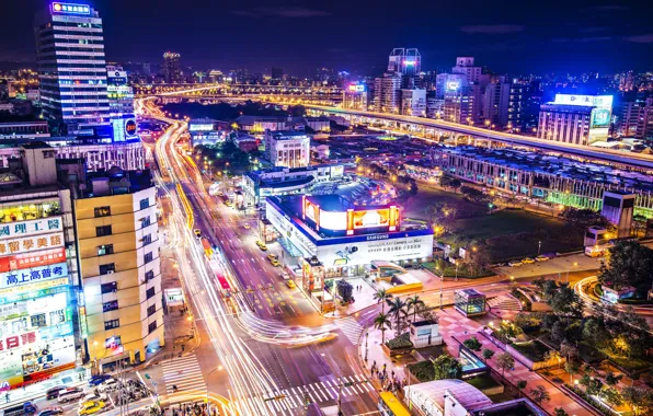 City, lights, China, night, roads, streets, buildings, Taipei
