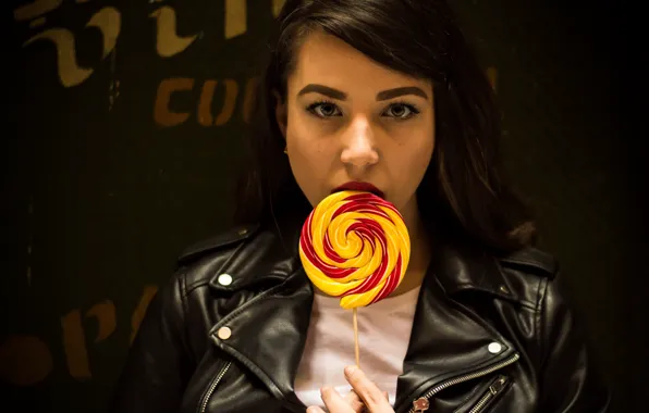 Look, girl, brunette, jacket, Lollipop, girl, candy, fringe