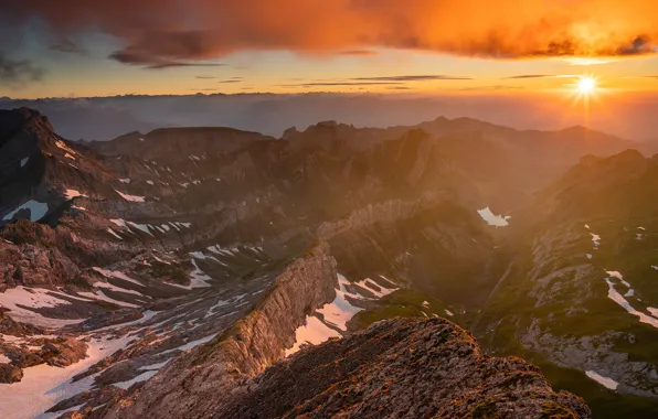 The sky, the sun, clouds, rays, light, snow, mountains, fog
