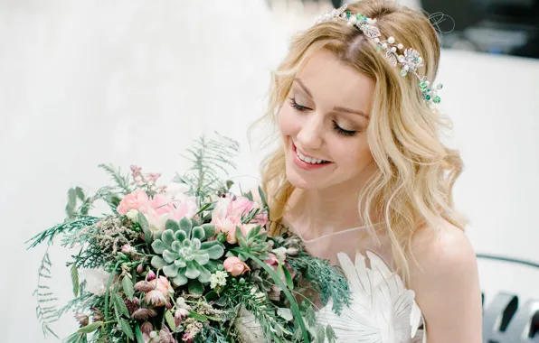 Girl, smile, bouquet, beautiful, Yulianna Karaulova