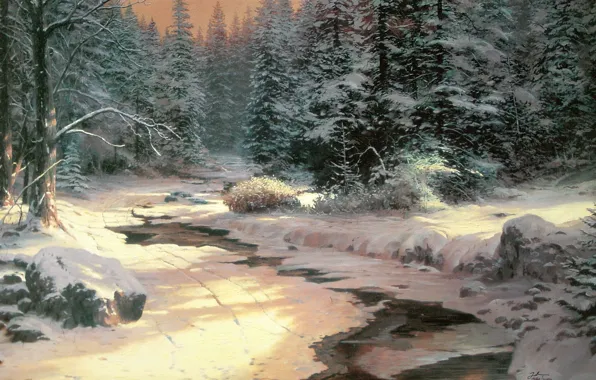 Winter, snow, ate, river, Landscape, Thomas Kinkade
