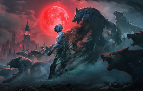 Red, moon, man, army, ware wolf, red moon, pubg, Pubg Mobile Blood Moon
