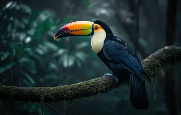 Rain, bird, foliage, branch, Toucan, bokeh, digital art, AI art