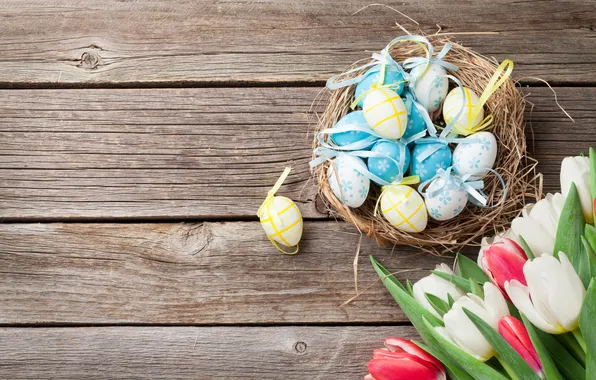 Picture flowers, eggs, spring, colorful, Easter, red, happy, wood