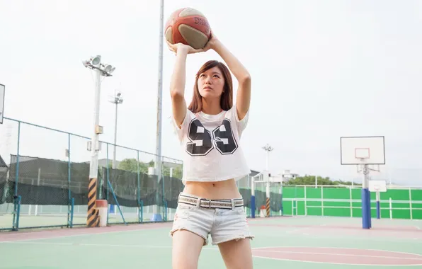Pose, Girl, Asian, basketball, Playground