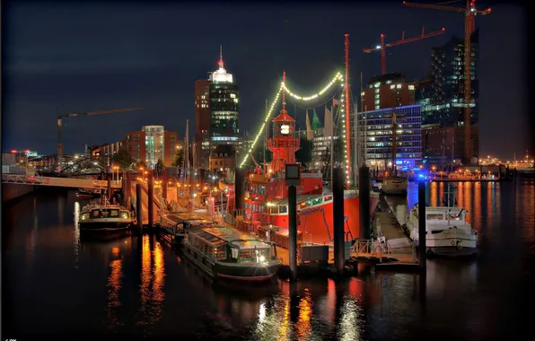 Picture lighthouse, ships, pier, port, night city, Hamburg, court, Hamburg