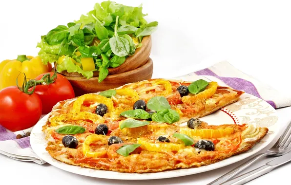 Greens, cheese, bow, meat, pizza, tomato, olives, dish