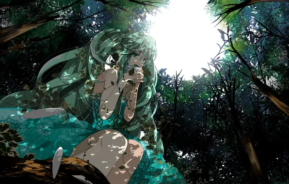 Forest, flowers, vocaloid, hatsune miku, looking at the viewer