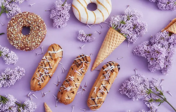 Picture cake, dessert, eclairs, doughnuts with vanilla cream