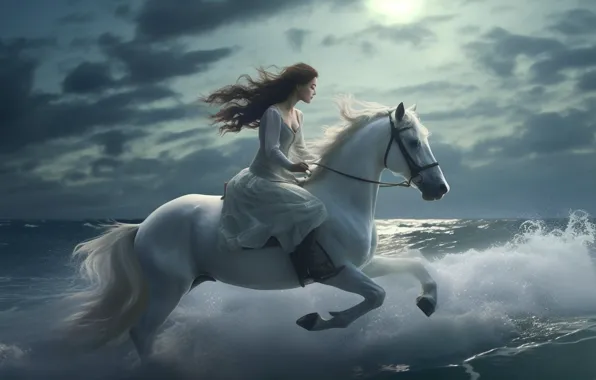 Sea, wave, white, the sky, girl, clouds, light, horse