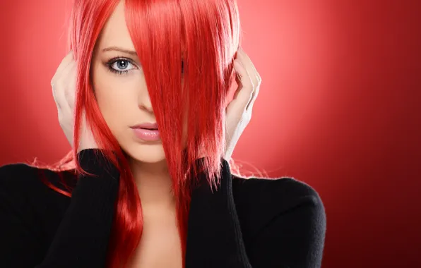 Picture look, girl, face, background, hands, red hair
