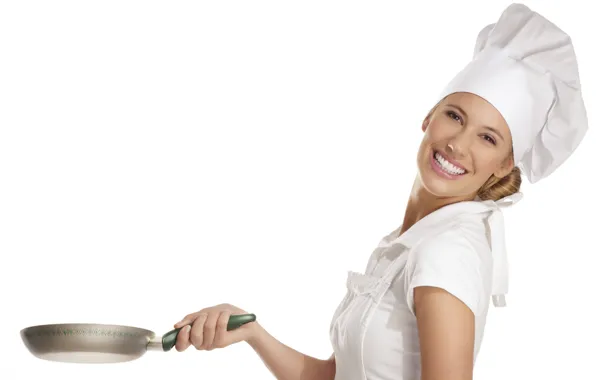 Picture girl, smile, cook, uniform, cap, pan