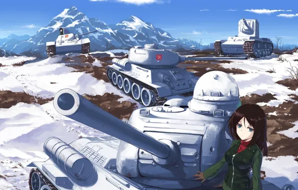 Girl, Mountains, Snow, Military, Anime, Tank, Anime, Tank