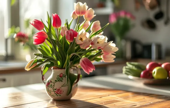 Flowers, holiday, bouquet, spring, tulips, March 8, AI art, universal holiday background