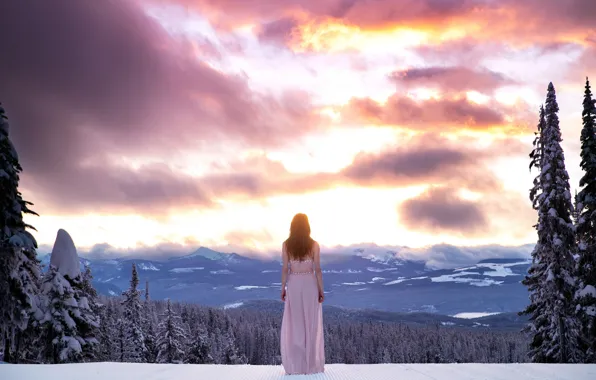 Picture the sky, girl, clouds, snow, landscape, mountains, dress, Lichon