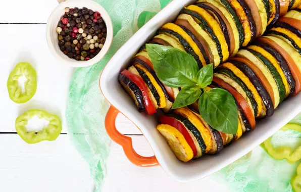 Ratatouille, eggplant, pepper, vegetables, spices, zucchini, Basil