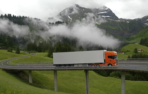 Nature, Clouds, Mountains, Bridge, Grass, Orange, Truck, Scania