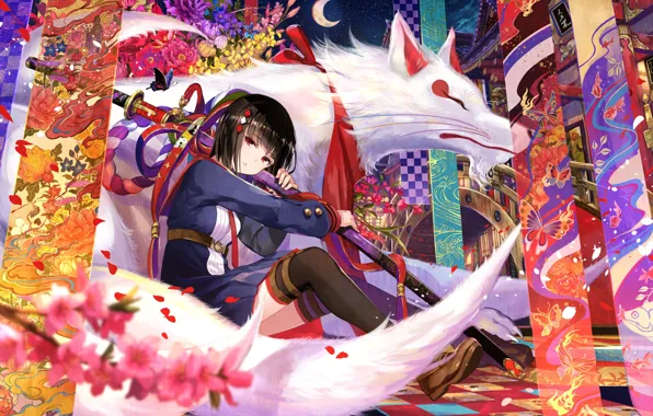 Butterfly, night, tape, wolf, katana, a month, petals, Sakura
