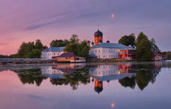 Picture landscape, nature, lake, reflection, dawn, the monastery, dome, St. Vvedenskaya Island Desert