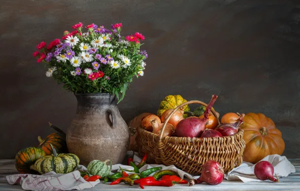 Flowers, bow, pumpkin, pitcher, asters